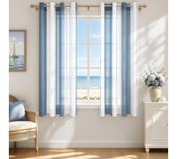MRTREES 2 Pièces de Rideaux Voilage Blanc et Bleu Paon 140x145 cm Fils Teints Rayé à Oeillets Rideau CuisineTamisant Élégant pour Porte-Fenêtre Décoration de Salon Chambre Baie Vitrée