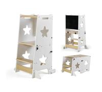 MS BabyWorld - Tour d'apprentissage en Bois Montessori Learn UP | Convertible en Bureau et Tabouret Enfant | Tour de Cuisine en Bois Massif avec Barre de sécurité | Pliable (Blanc)