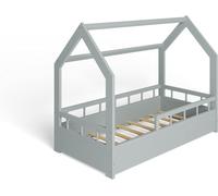MS FACTORY Lit Enfant Bébé Maison 70x140 cm - Lit en Massif Cabane - Style Scandinave - Gris Demi-barrières