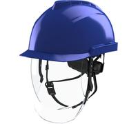 MSA V-Gard 950 Casque de chantier - Casque de protection non ventilé avec visière pour le chantier et les électriciens - Casque de travail DIN EN 397 - Bleu