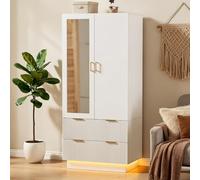 MSFE Armoire Chambre Penderie avec 2 Portes, Armoire Dressing Blanc avec Miroir, LED et 2 Tiroirs, Armoires de Rangement Bois pour Adulte Enfant, Garde-Robe Moderne 80 x 178 x 50 cm (L/H/P)