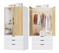 MSFE Armoire Chambre Penderie avec 2 Portes, Armoire Dressing Blanc avec Miroir, LED et 3 Tiroirs, Armoires de Rangement Bois pour Adulte Enfant, Garde-Robe Moderne 80 x 180 x 50 cm (L/H/P)