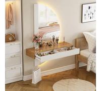MSFE Coiffeuse Suspendue avec Éclairage LED et Miroir Semi-Circulaire, Table de Maquillage avec 2 Tiroirs, Coiffeuse Meuble, Hauteur Réglable, Gain de Place, 120 x 40 x 160cm