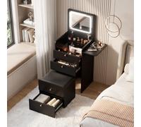 MSFE Table de Maquillage avec Miroir Rabattable et LED 3 en 1 Coiffeuse avec Plateau en Verre Visible,Compacte avec 3 Tiroirs et Tabouret Rembourré Table de Toilette de Chambre