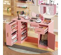 MSFE Table Manucure Bureau avec Aspirateur,Table Onglerie Professionnel en Bois avec Tiroirs,Étagère,T Able de manucure, Coiffeuse sans Miroir Moderne, pour Le Salon,108x45x77 cm,Rose