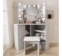 Msutree Coiffeuse d'angle avec miroir éclairé - Table de maquillage grand espace rangement et HD 3 modes d'éclairage, luminosité réglable Élégante blanche.