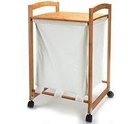 MSV 140641 Panier à Linge avec Roulettes/Plateau Bambou/Laqué Nitrocellulose/Toile Ecru 45 x 41 x 73 cm