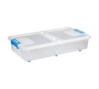 MSV - Boite de Rangement Polypropylène - Blanc Transparent/Poignées Bleu - 35L - 19,5 x 38,5 x 15,5 cm - Couvercle Sécurisé - Empilable - Idéale pour Maison et Bureau