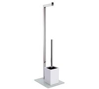 MSV - Combiné WC 2 en 1 INOX - Support WC avec Récipient Amovible - Brosse et Dérouleur Papier - Verre Blanc - Ø30 cm - Hauteur 70 cm - Design Moderne et Polyvalent