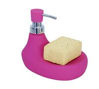 MSV - Distributeur de Savon & Porte Éponge Céramique Modèle Marbella - Fuchsia - Pratique pour Cuisine - Revêtement Soft Touch - Design Élégant et Fonctionnel