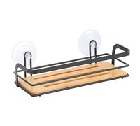 MSV Étagère de Douche sans perçage avec ventouses en Acier et Bambou Noir Mat 12 x 9 x 25,5 cm
