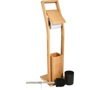 MSV Garniture de WC en bambou Support de papier toilette en bois avec réservoir séparé en plastique Garniture sur pied avec brosse à WC et porte-rouleau de papier toilette