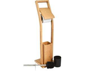 MSV Garniture de WC en bambou Support de papier toilette en bois avec réservoir séparé en plastique Garniture sur pied avec brosse à WC et porte-rouleau de papier toilette