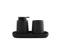 MSV - Lot de 3 Accessoires de Salle de Bain en céramique Maonie - Set Salle de Bain Design avec Distributeur de Savon - gobelet et Plateau Multifonction - Collection élégante et Tendance - Noir Mat