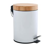 MSV - Poubelle de Salle de Bain 3 litres en Acier Inoxydable et Bambou avec système d'abaissement Automatique et Seau intérieur Aza - Blanc - 16,8 x 24 cm