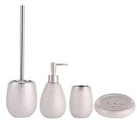 MSV Set de Salle de Bain 4 pièces Distributeur de Savon Porte-Savon Brosse WC Gobelet à Dents Oman Argent Céramique