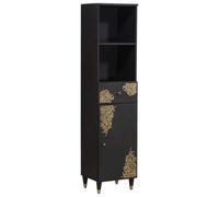 mtlskopl Armoire de Salle de Bain Noir et Doré, Meuble Colonne de Rangement en Bois de Manguier Massif avec 1 Tiroir et 1 Porte, Buffet Gain de Place, 38 x 33 x 160 cm