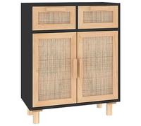 mtlskopl Buffet Bas Noir 60x30x75 cm Meuble de Rangement en Bois d'Ingénierie et Pin Massif Petit Buffet avec Porte en Rotin Tressé et 2 Tiroirs pour Salon Couloir Entrée