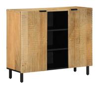 mtlskopl Buffet commode 90 x 33 x 75 cm en bois massif de mangue, marron | Armoire décorative multifonction avec façade CNC et pieds en métal pour un rangement élégant dans le salon ou le couloir.