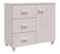 mtlskopl Buffet HAMAR Blanc 90x40x80 cm en Bois de Pin Massif et MDF, Bahut Bas de Rangement avec 1 Porte et 3 Tiroirs Coulissants pour Salon, Salle à Manger et Entrée