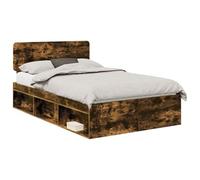 mtlskopl Cadre de lit 135 x 190 cm en bois de pin massif - Lit double moderne en chêne fumé - Lit en bois solide avec tête de lit et sommier à lattes pour chambre à coucher