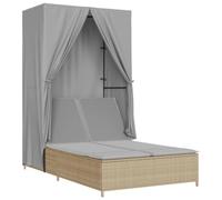 mtlskopl Chaise longue double avec toit et rideaux - Chaise longue de jardin en polyrotin beige - Dossier réglable pour 2 personnes - Île de soleil d'extérieur pour terrasse - 197 x 104 cm