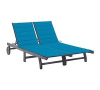 mtlskopl Chaise longue pour 2 personnes en bois d'acacia massif avec dossier réglable, coussin bleu, meubles d'extérieur pour terrasse et jardin, 200 cm