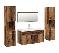 mtlskopl Ensemble de 5 meubles de salle de bain aspect bois vieilli 90 cm - Meuble sous-vasque avec lavabo en céramique - Robinet chaud/froid - Miroir et armoire de salle de bain - Peu encombrant