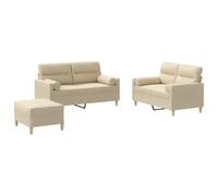 mtlskopl Ensemble de Canapés 3 Pièces avec Canapé 2 Places, Repose-Pied Pouf et Coussins, Salon Complet en Tissu Crème et Structure Métal Contreplaqué pour Séjour