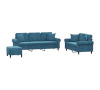 mtlskopl Ensemble de Canapés 3 Pièces en Velours Bleu, Canapé 2 Places, Canapé 3 Places et Pouf Repose-Pied, Set de Sofa pour Salon et Séjour avec Coussins et Oreillers