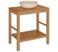 mtlskopl Ensemble de meubles de salle de bain en teck massif avec lavabo en marbre crème, meuble de salle de bain avec barre porte-serviettes, 74 x 45 x 75 cm