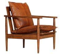 mtlskopl Fauteuil Marron en Cuir Véritable et Bois d'Acacia Massif | Chaise de détente rétro en cuir de chèvre pour le salon ou le bureau, avec assise rembourrée confortable.