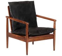 mtlskopl Fauteuil rétro noir en cuir véritable et bois d'acacia | Fauteuil club confortable avec structure en bois naturel et rembourrage pour des heures de lecture confortables dans le salon