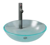 mtlskopl Lavabo à poser avec robinet et bonde pop-up - Lavabo rond de 42 cm - En verre trempé mat - Pour salle de bain et WC d'invités - Gris