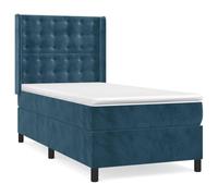 mtlskopl Lit à sommier tapissier avec matelas et surmatelas - 90 x 190 cm - Bleu foncé - En velours - Lit simple avec tête de lit réglable en hauteur - Cadre de lit rembourré pour adultes