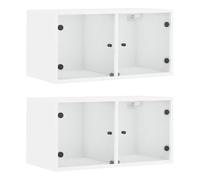 mtlskopl Lot de 2 armoires murales avec portes en verre - Blanc - 68,5 x 37 x 35 cm - Armoire suspendue flottante en bois - Vitrine moderne pour salon, bureau, couloir, salle de bain, armoire de
