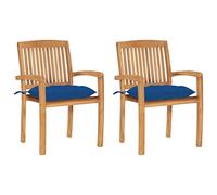 mtlskopl Lot de 2 chaises de jardin en teck massif avec coussin d'assise bleu, chaises de terrasse empilables avec accoudoirs, chaises vintage en bois pour extérieur, jardin, balcon, 60 x 57,5 x 90 cm