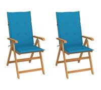 mtlskopl Lot de 2 chaises de jardin pliables en teck massif avec coussins en polyester bleu, dossier réglable 7 positions, 57 x 71,5 x 100 cm, légères pour balcon, terrasse et jardin