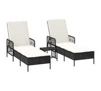 mtlskopl Lot de 3 chaises longues en rotin synthétique avec dossier réglable et table d'appoint, chaise longue d'extérieur pour jardin, terrasse, noir/blanc crème, 200 x 55 x 92 cm