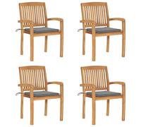 mtlskopl Lot de 4 chaises de jardin empilables en bois de teck massif - 60 x 57,5 x 90 cm - Avec coussins gris de 50 x 50 x 3 cm - Design moderne - Robuste et durable - Pour salle à manger, terrasse