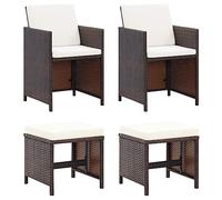 mtlskopl Lot de 4 chaises de jardin et tabourets en polyrotin marron 52 x 60 x 85 cm avec coussins blanc crème, pliables et cadre en acier inoxydable pour jardin, terrasse et balcon