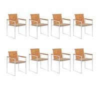 mtlskopl Lot de 8 chaises de jardin avec coussin d'assise beige - 60 x 56 x 85 cm - En bois d'acacia massif et acier inoxydable - Design moderne - Robuste et empilable - Pour jardin, terrasse, balcon