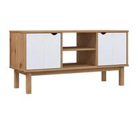 mtlskopl Meuble TV en Bois de Pin Massif OTTA, Banc TV Scandinave avec Portes et Étagère pour Salon, Buffet Bas de Rangement Rustique, Marron et Blanc, 113,5 x 43 x 57 cm