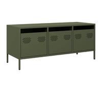 mtlskopl Meuble TV Vert Olive 101,5x39x43,5 cm en Acier Laminé à Froid, Banc TV Style Industriel avec 3 Tiroirs, Buffet Bas en Métal de Rangement pour Salon et Chambre
