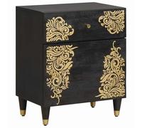 mtlskopl Table de chevet noire, table d'appoint en bois massif de mangue, 50 x 33 x 60 cm, table de chevet avec tiroir, porte et boutons en laiton, commode pour chambre à coucher, meubles