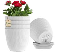 MUAEEOK Lot de 5 pots de fleurs en plastique avec rainures de drainage et plateau pour intérieur et décoration moderne pour toutes les plantes d'intérieur (18 cm, blanc)