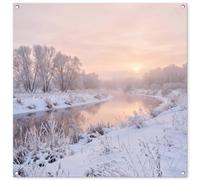 MuchoWow© Décoration Jardin 100x100 cm Bâche Décorative Posters Décoratifs Decoration Balcon Affiche Extérieur Déco Appartement Deco Exterieur Rivière - Hiver - Paysage - Neige - Lever de Soleil