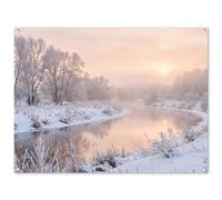 MuchoWow© Décoration Jardin 120x90 cm Bâche Décorative Posters Décoratifs Decoration Balcon Affiche Extérieur Déco Appartement Deco Exterieur Rivière - Hiver - Paysage - Neige - Lever de Soleil