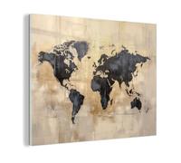 MuchoWow© Image sur Verre 80x60 cm Art Mural Décoration pour la Chambre Tableau sur Toile Peinture Déco Murale Moderne Salon Abstrait - Carte Du Monde - Or - Noir