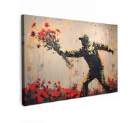 MuchoWow© Impression sur Toile Decoration Murale Peinture 120x80 cm Tableaux Decoratifs Muraux Décoration Chambre Street art - Homme - Fleurs - Rouge - Graffiti - Banksy
